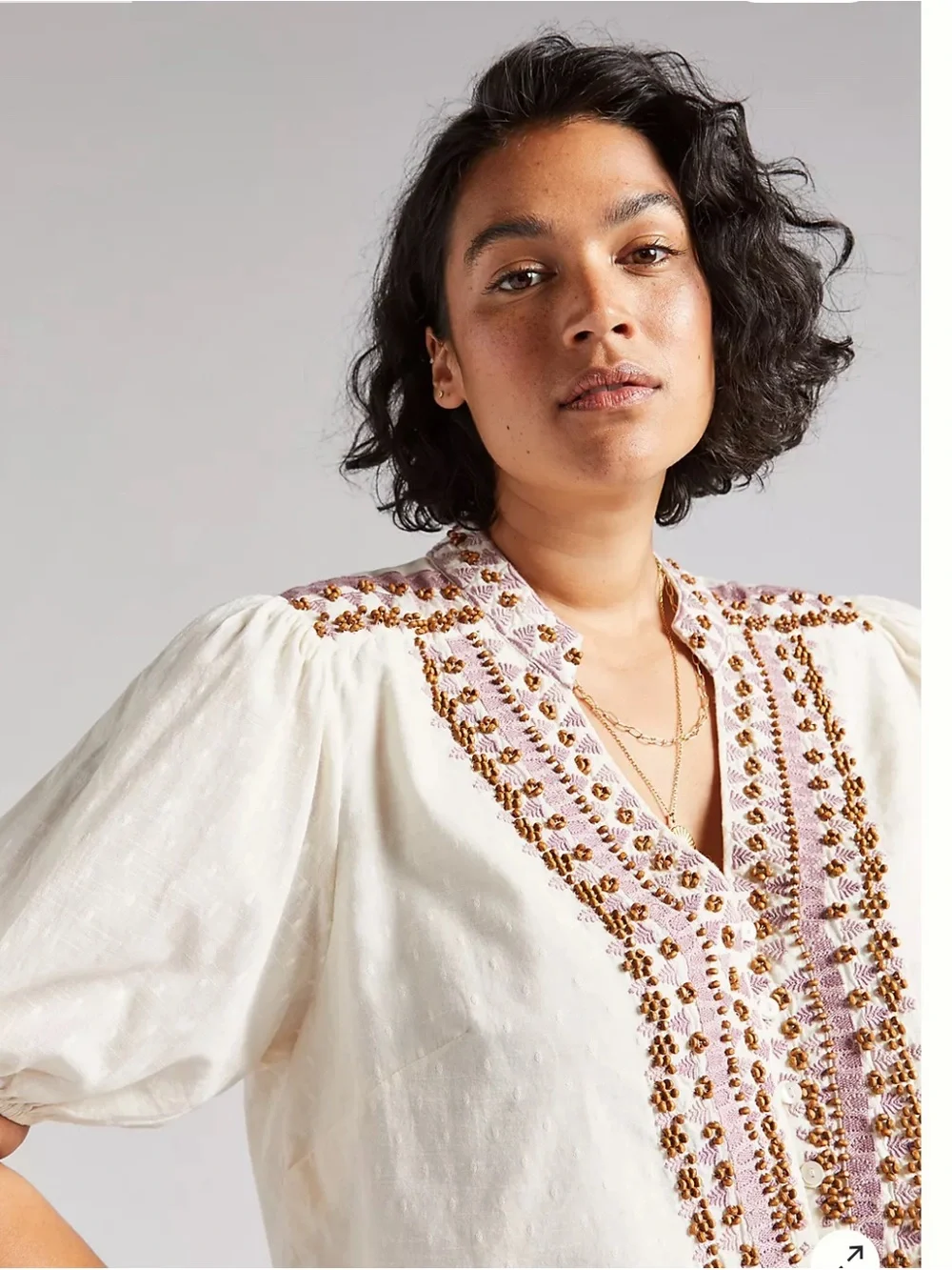 Anthropologie White Embroidered V-Neck Blouse with Pink & Gold Trim